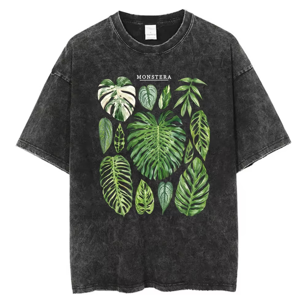 Acid Wash Vintage Graphic T Shirt - Monstera-Blätter Grafik-T-Shirt Gewaschene Baumwolle Herren Damen