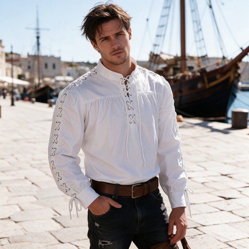 Medieval Gothic Lace Up Pirate Shirt - Mittelalterliches Piratenhemd mit Schnürung für Herren,