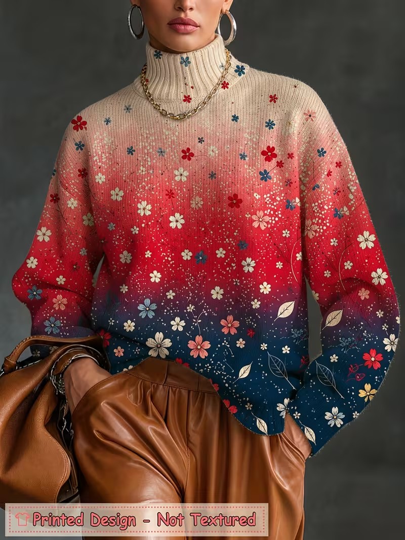 T-Shirts - Damen-Rollkragen-T-Shirt mit Farbverlauf und Blumenmuster, langärmlig,