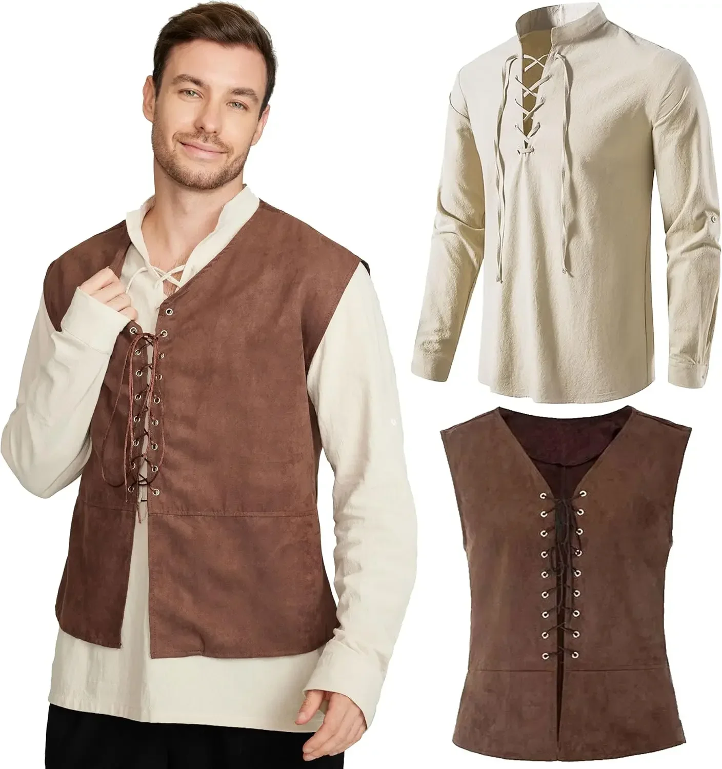 Medieval Gothic Lace Up Pirate Shirt - 2-teiliges Set: Mittelalterliche Piratenweste für Herren,