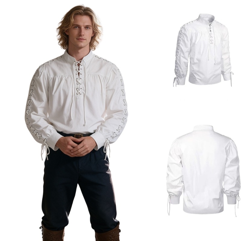 Medieval Gothic Lace Up Pirate Shirt - Herren Vintage Schnürhemd mit Stehkragen, langen