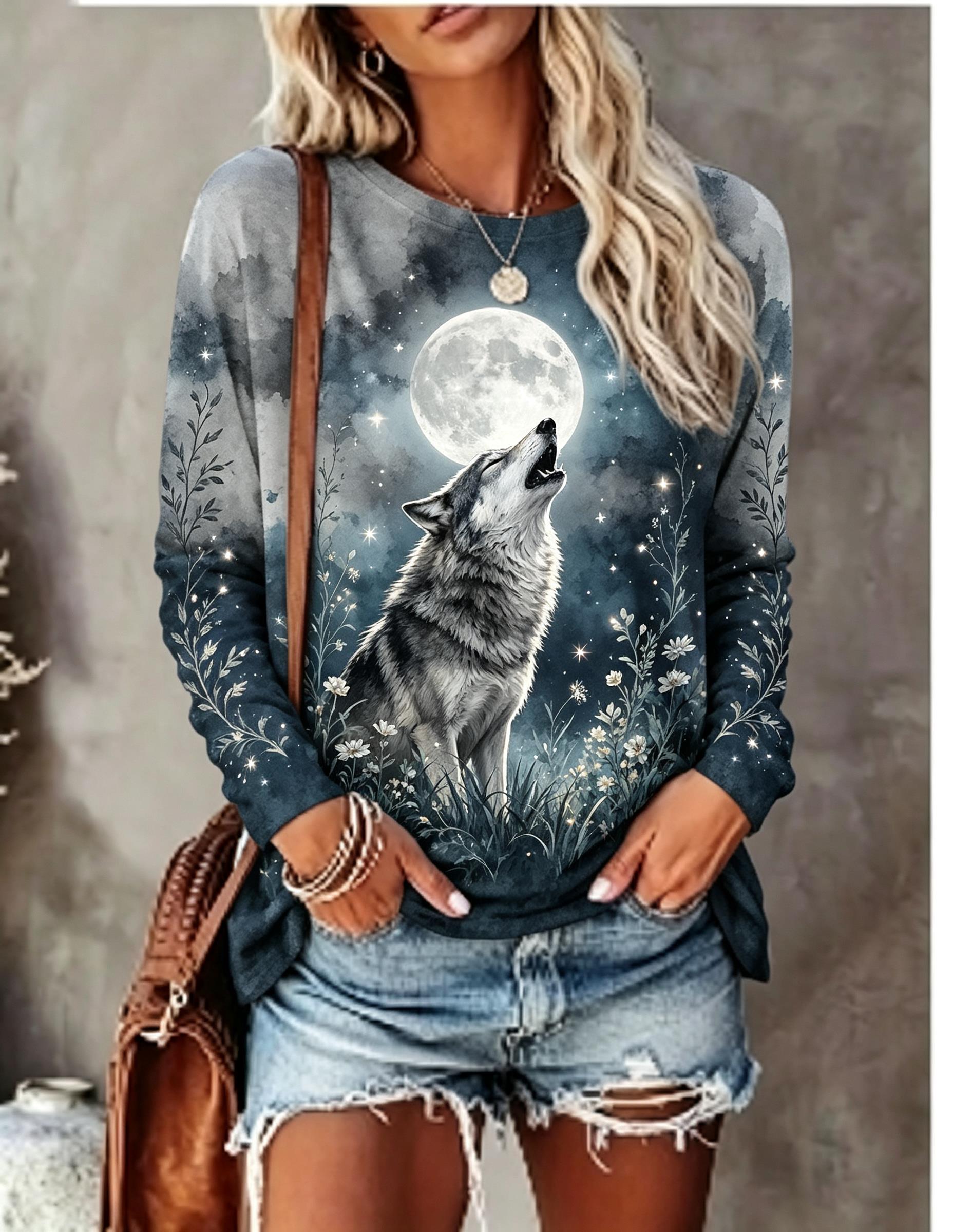 T-Shirts - Damen-Langarm-T-Shirt mit Wolf, Vollmond und wildem
